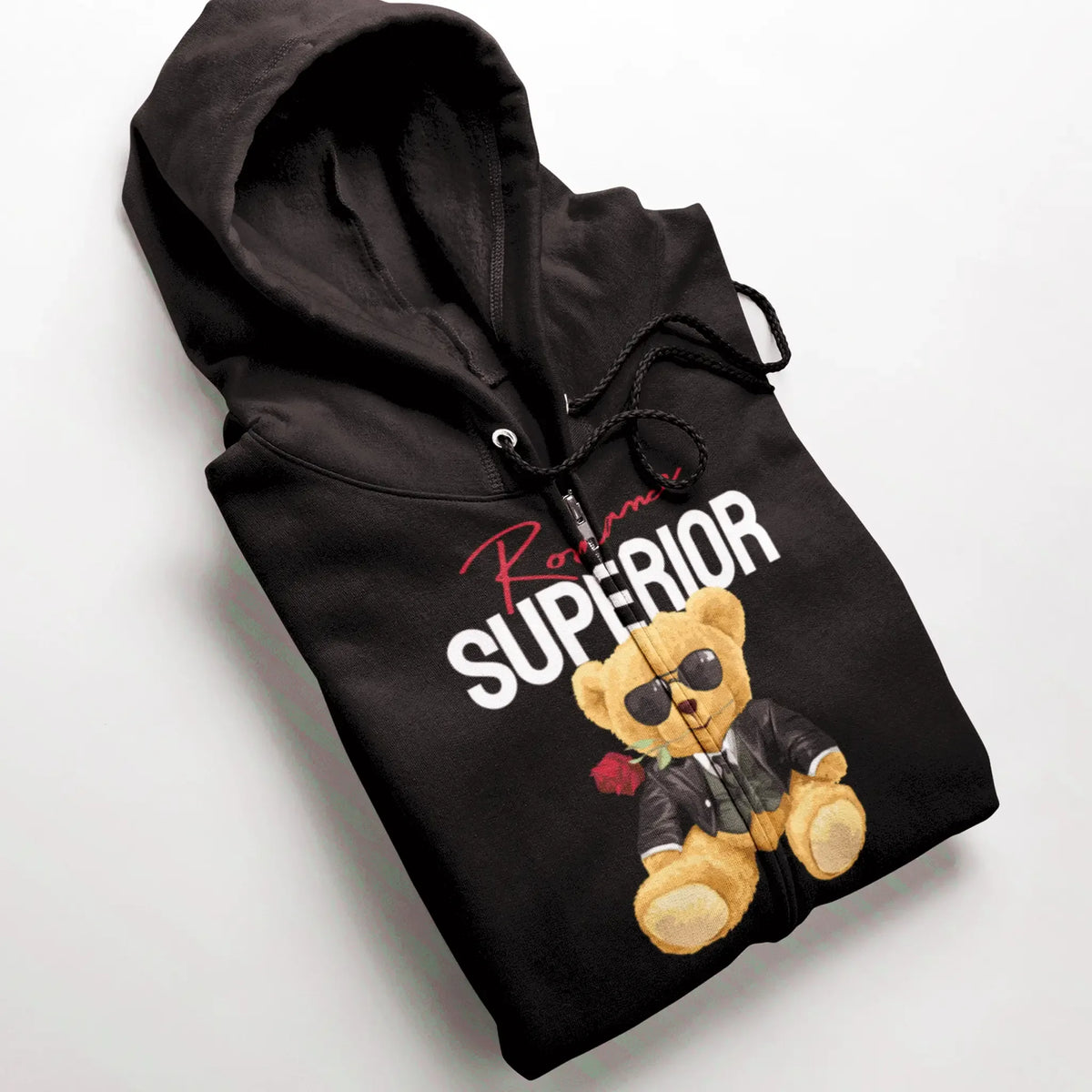Black Zip Hoodie with Romantic teddy wearing a tuxedo and sunglasses with red rose in his mouth - Μαύρη ζακέτα με κουκούλα και φερμουάρ με αρκουδάκι φοράει σμόκιν και κρατάει κόκκινο τριαντάφυλλο