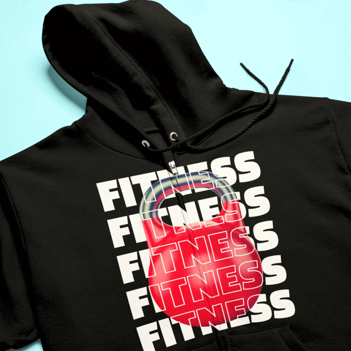 Black hoodie mockup featuring red kettlebell FITNESS print – Μάυρο φούτερ με εκτύπωση κόκκινης kettlebell και τη λέξη FITNESS