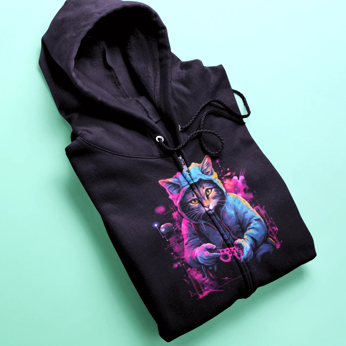 Black zip hoodie with cyberpunk gaming cat and convenient zipper access - μαύρο zip hoodie με κυβερνοπάνκ gaming γάτα και βολική πρόσβαση φερμουάρ
