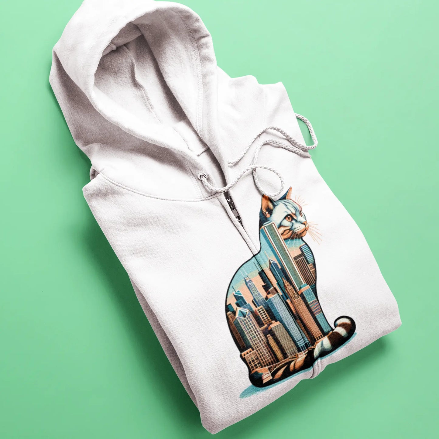 Bold white zip hoodie with skyline cat fusion – Γραφικό έντονης γάτας-πόλης σε λευκή ζακέτα με φερμουάρ