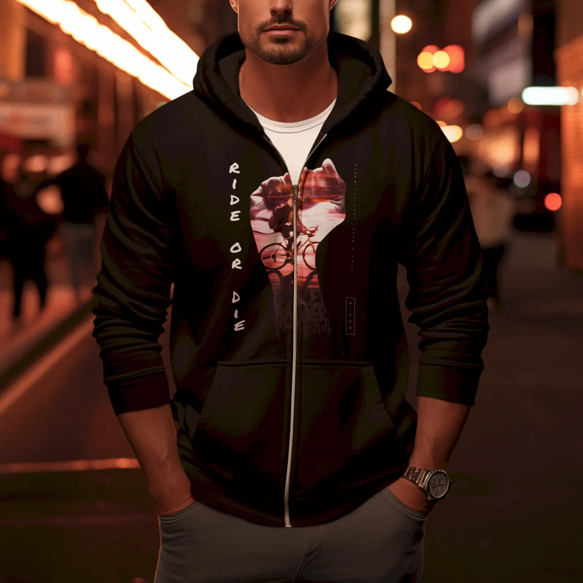 Dark cyclist zip hoodie με motion blur bicycle art - ride or die ζακέτα για passionate ποδηλάτες και bike culture lovers