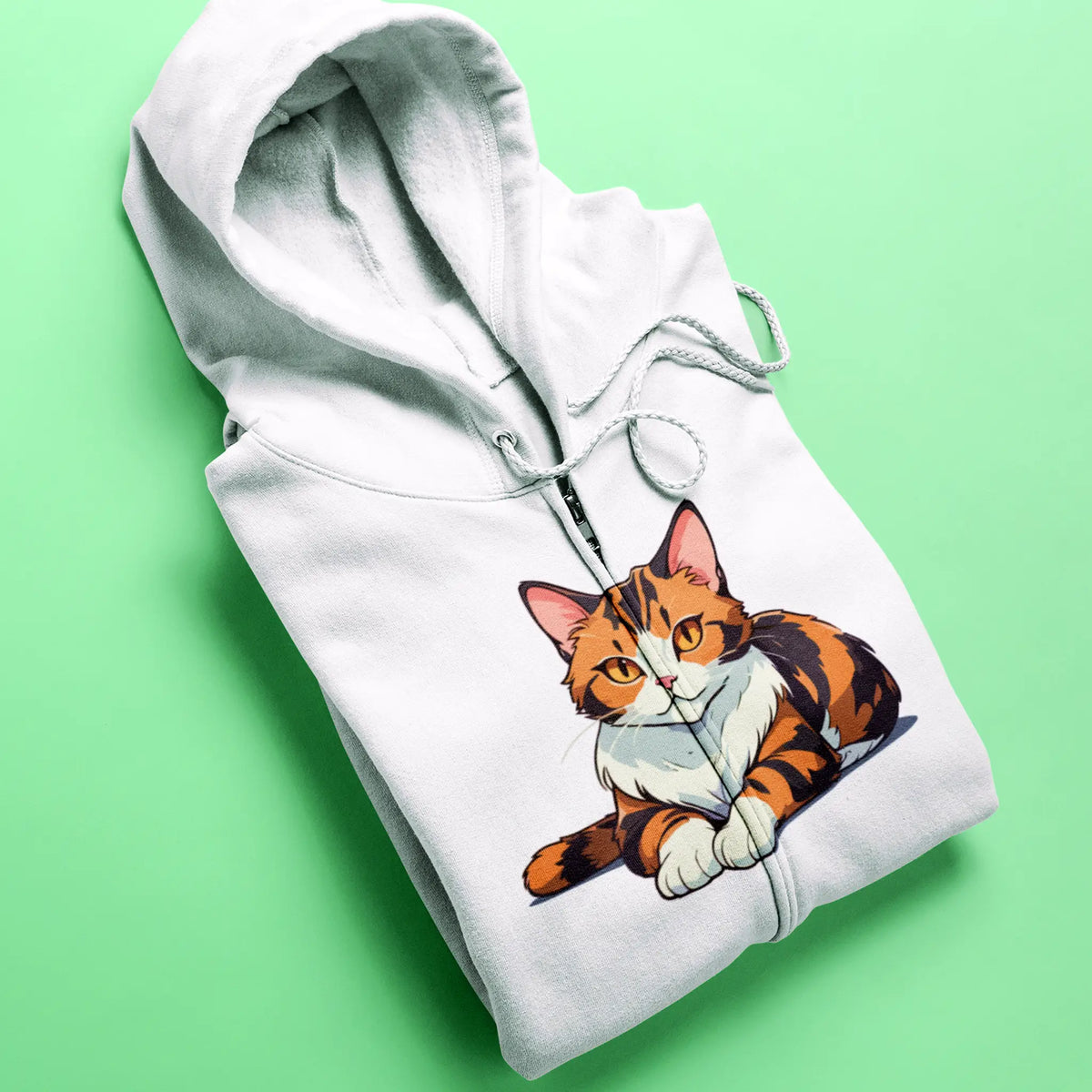Peaceful calico sits contentedly on this stylish white zip hoodie - Η ήρεμη γάτα καλικό κάθεται ικανοποιημένη σε αυτή τη στιλάτη λευκή ζακέτα