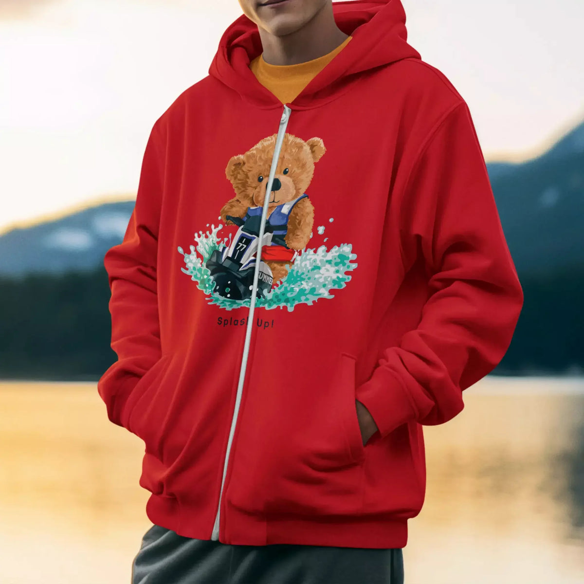 Red zip hoodie with jetski Splash Up water fun teddy – κόκκινη ζακέτα με καλοκαιρινό vibe