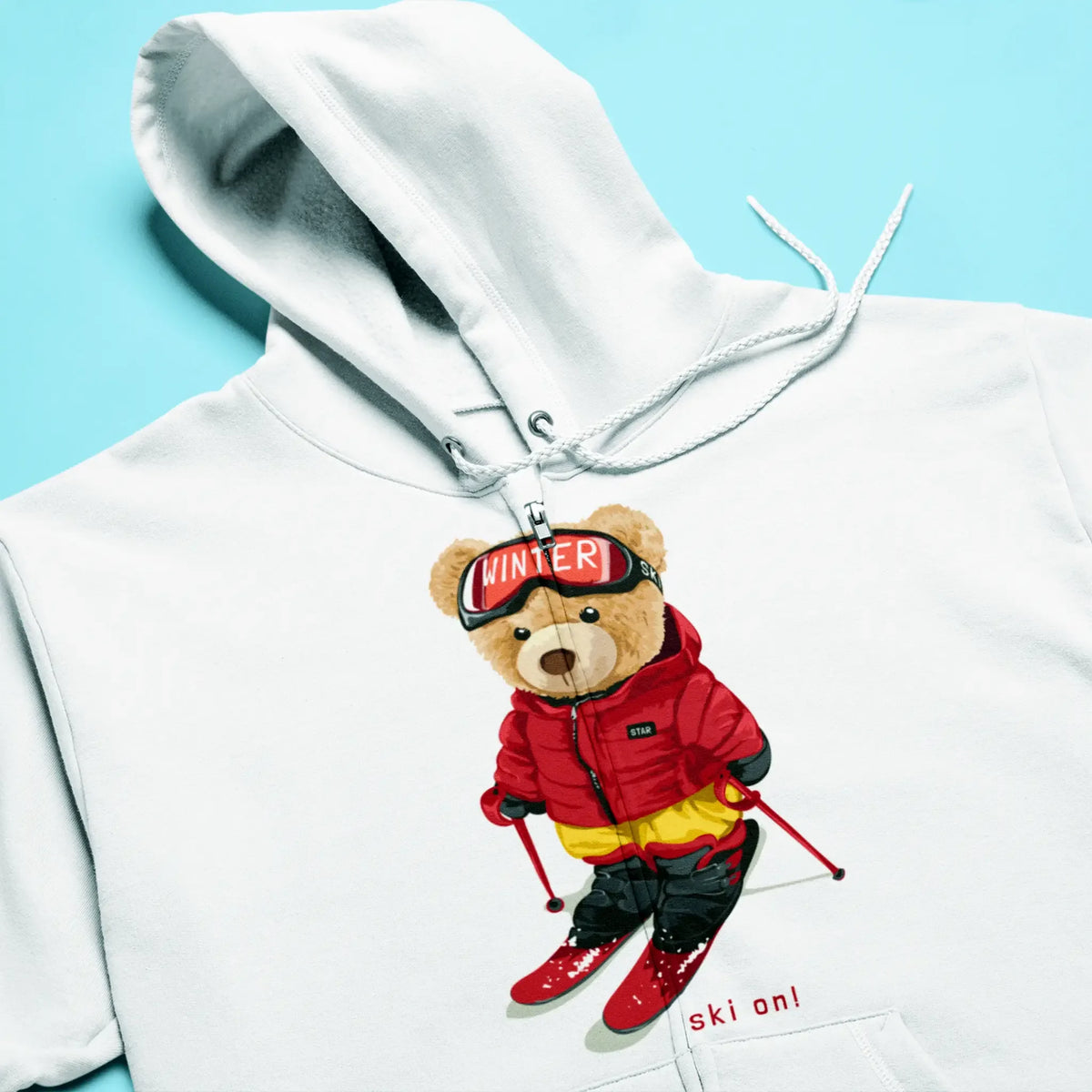 Teddy bear in ski gear printed on white zip hoodie - Αρκουδάκι με στολή σκι τυπωμένο σε λευκό φούτερ με φερμουάρ