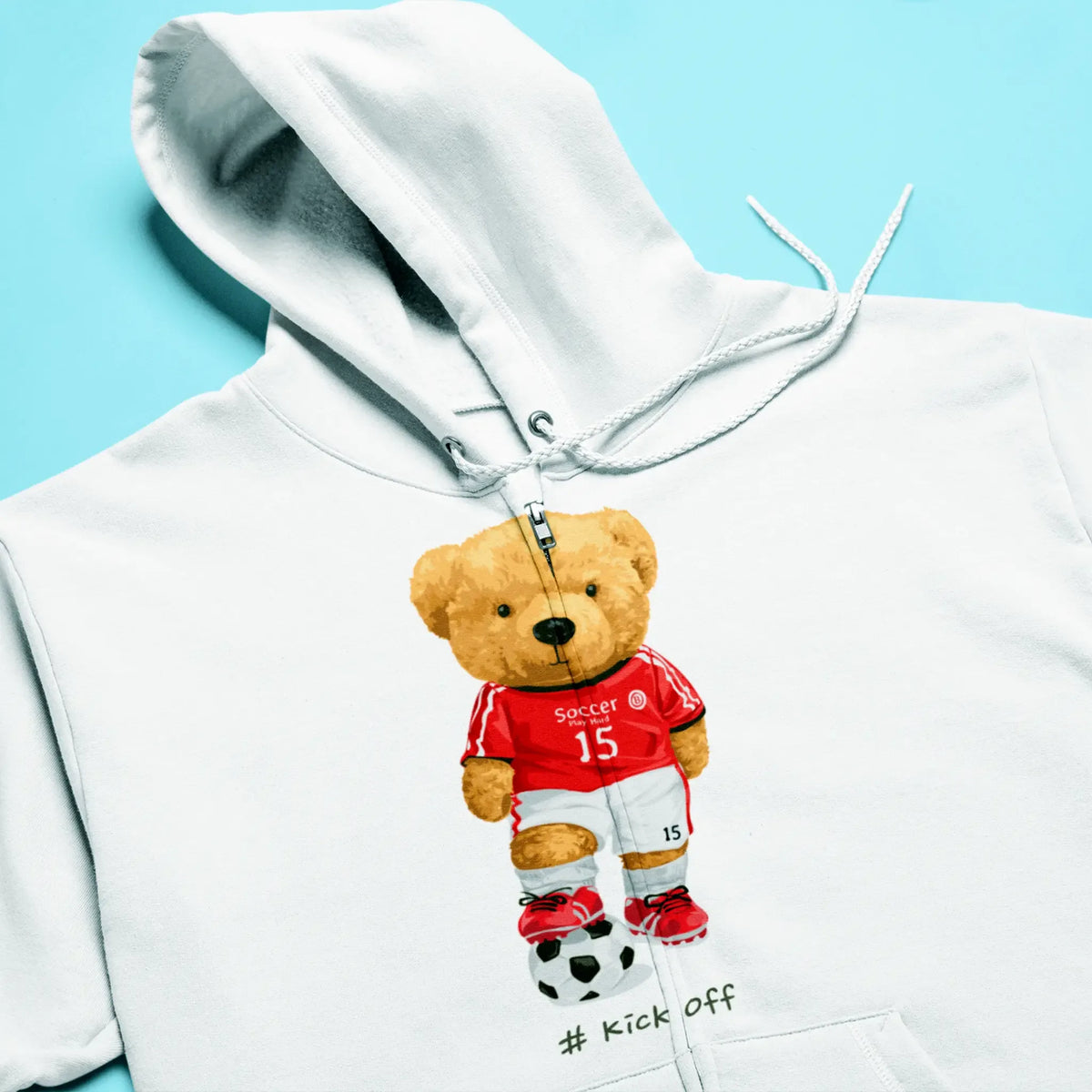 Teddy in red jersey featured on white zip-up hoodie – αθλητικό σχέδιο teddy σε λευκή ζακέτα με κουκούλα