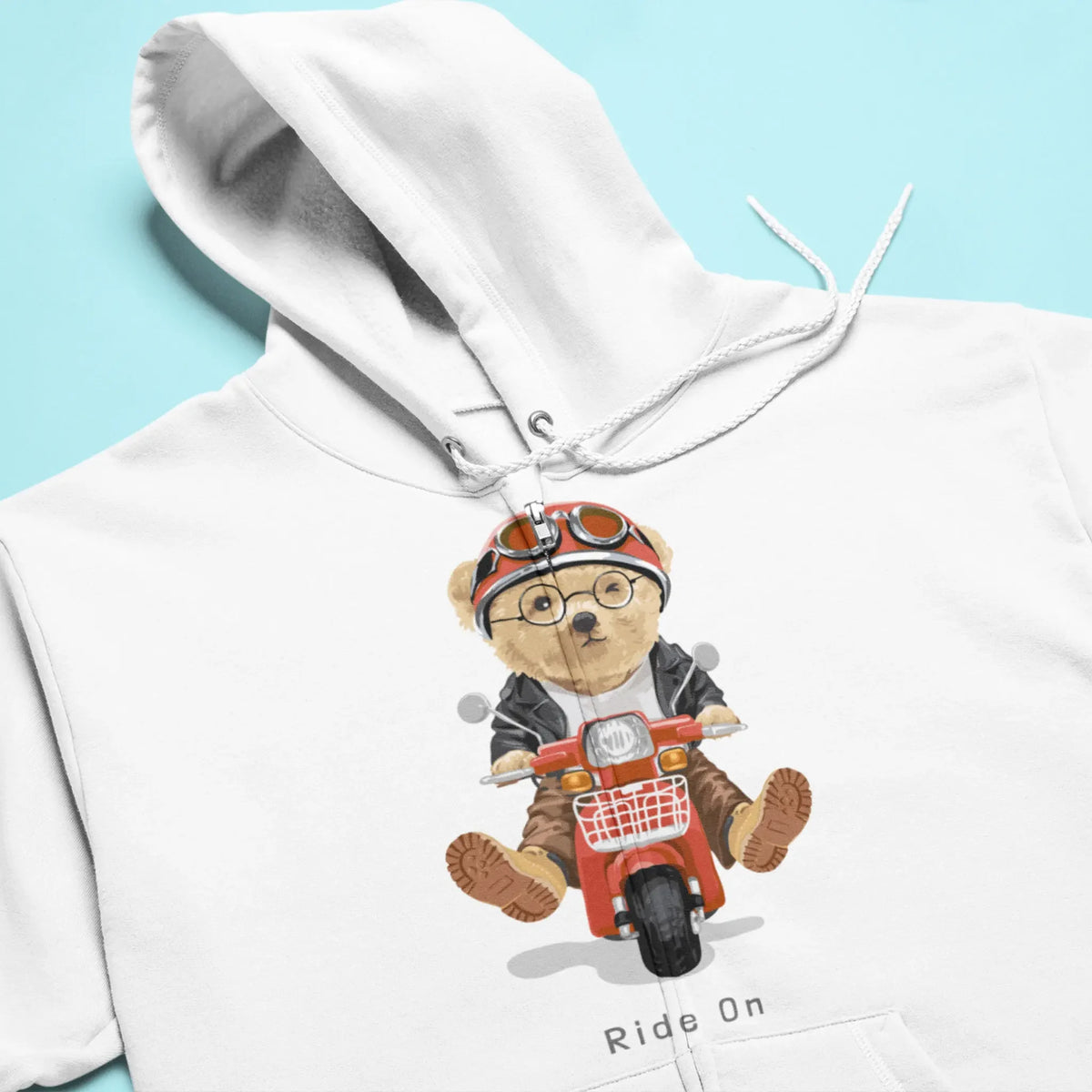 White zip hoodie with Ride On teddy bear in biker style – λευκή ζακέτα με κουκούλα και teddy bear μηχανόβιο