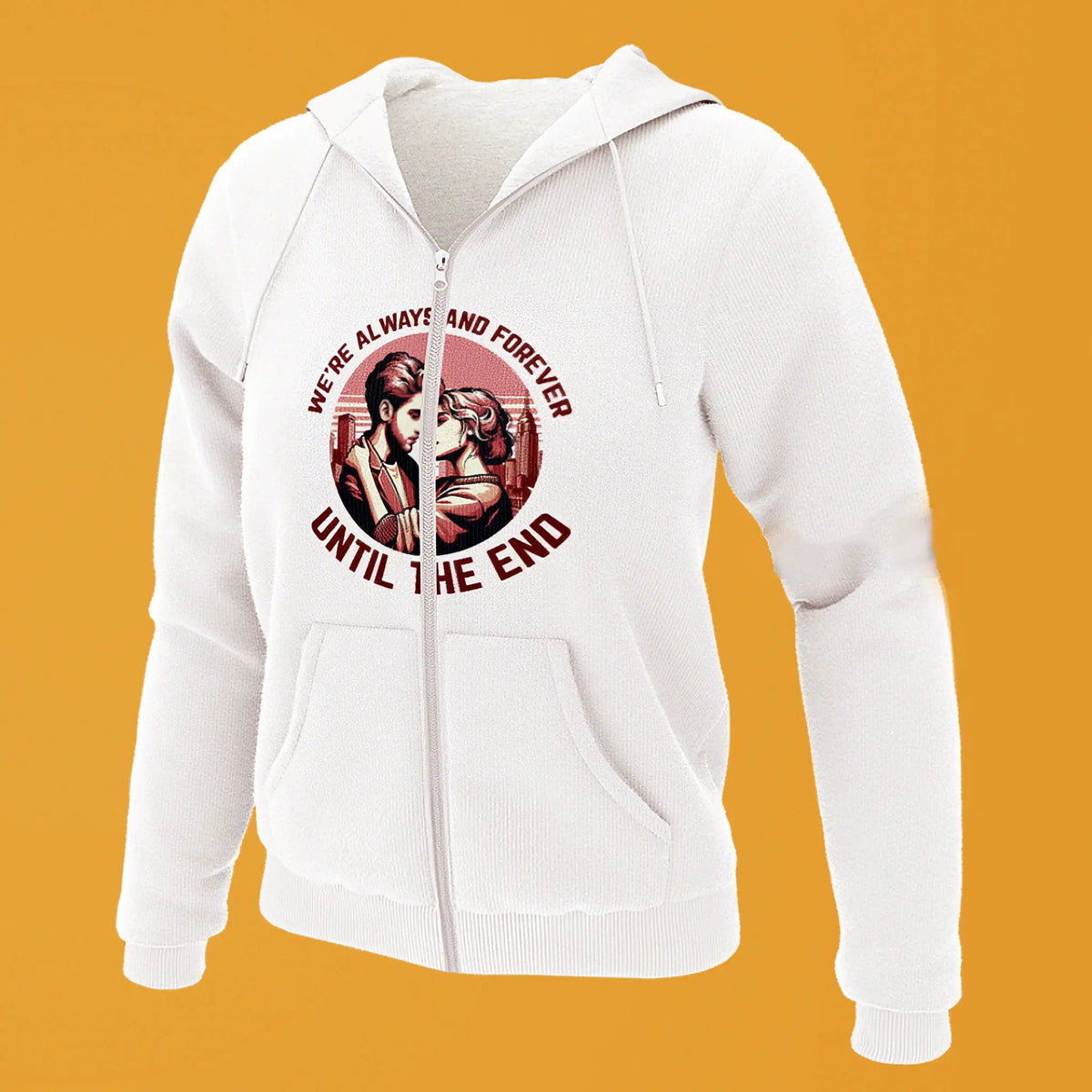 White zip hoodie featuring a minimalist design of a man and woman in love, ideal for a unified look / Λευκή ζακέτα με μινιμαλιστικό σχέδιο ενός ερωτευμένου ζευγαριού, ιδανική για ενωμένο look.