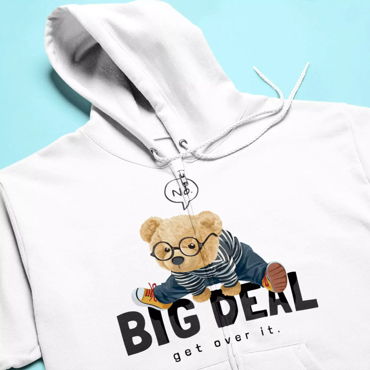 White zip hoodie with Big Deal teddy design – λευκή ζακέτα με φερμουάρ και σχέδιο teddy