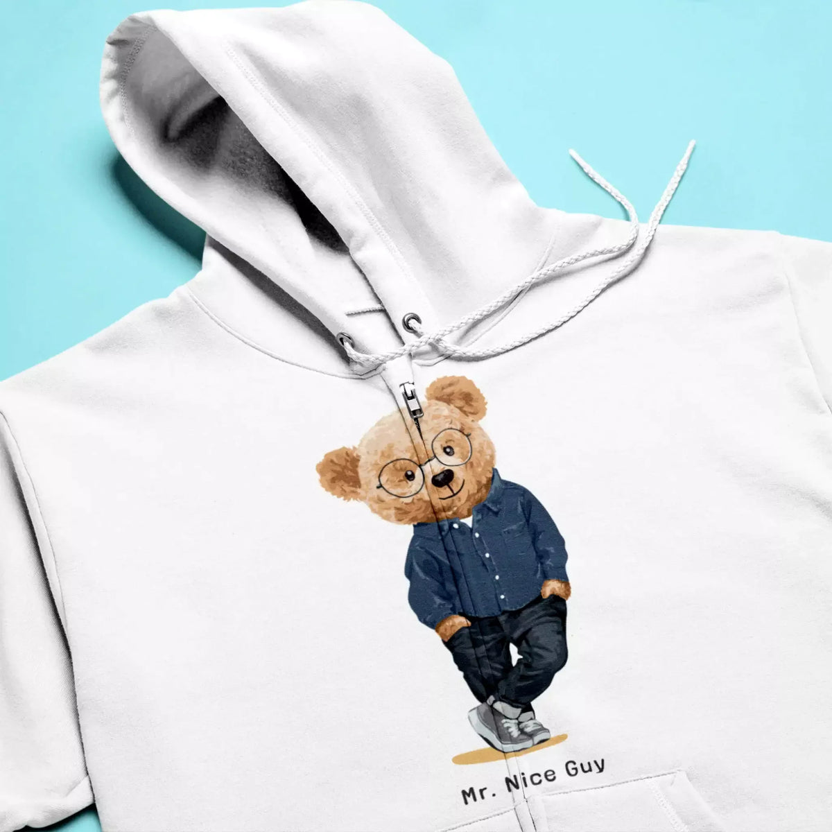 White zip hoodie with cute teddy bear Mr. Nice Guy in denim shirt – λευκή ζακέτα με αρκούδο σε τζιν στυλ