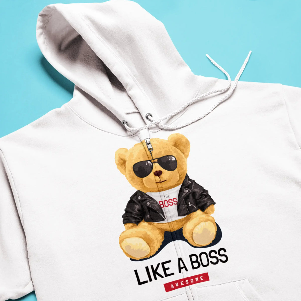 Zip-up hoodie with boss bear design in white – Ζακέτα με φερμουάρ και σχέδιο αρκούδου σε λευκό