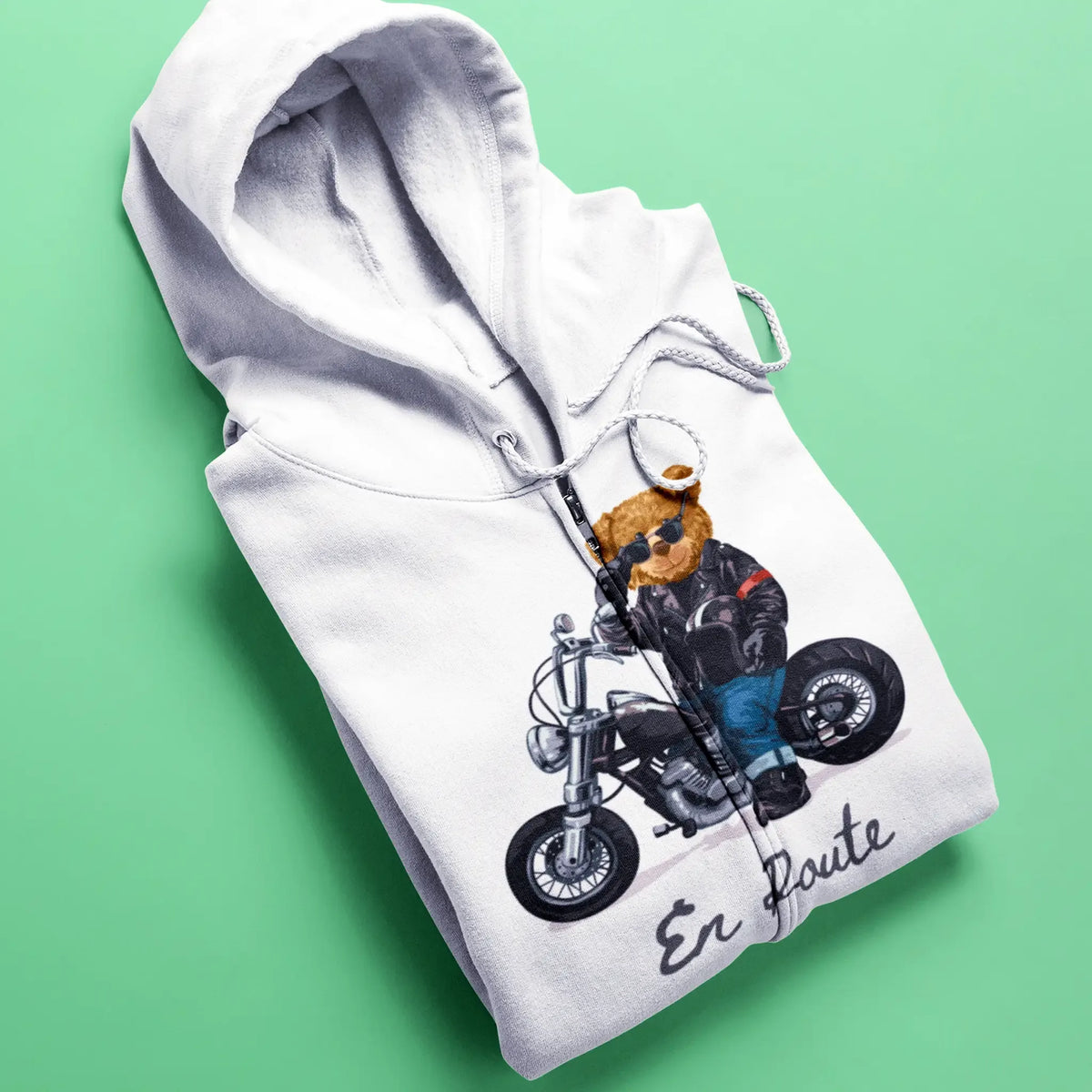 motorcycle teddy bear on white zip hoodie – teddy bear πάνω σε μηχανή σε λευκό zip hoodie