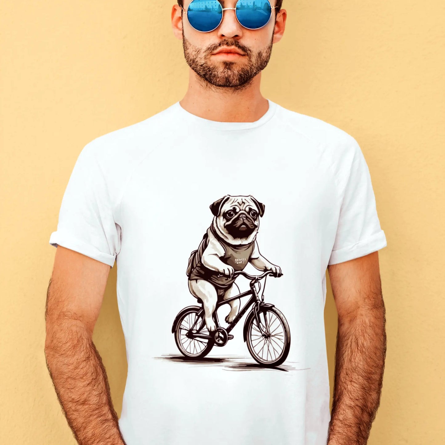 A cartoon-style pug riding a bike printed on a casual white t-shirt | Ένα pug σε κόμικ στυλ πάνω σε ποδήλατο, τυπωμένο σε καθημερινή λευκή μπλούζα