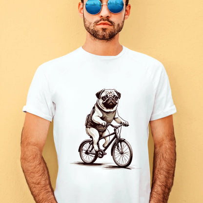 A cartoon-style pug riding a bike printed on a casual white t-shirt | Ένα pug σε κόμικ στυλ πάνω σε ποδήλατο, τυπωμένο σε καθημερινή λευκή μπλούζα