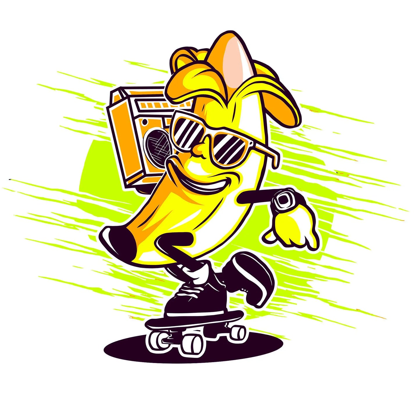 A cheerful banana riding a scate, captured in a playful and cartoonish style – Μια χαρούμενη μπανάνα καβάλα σε πατίνι, αποδοσμένη με παιχνιδιάρικο και καρτουνίστικο στυλ_result