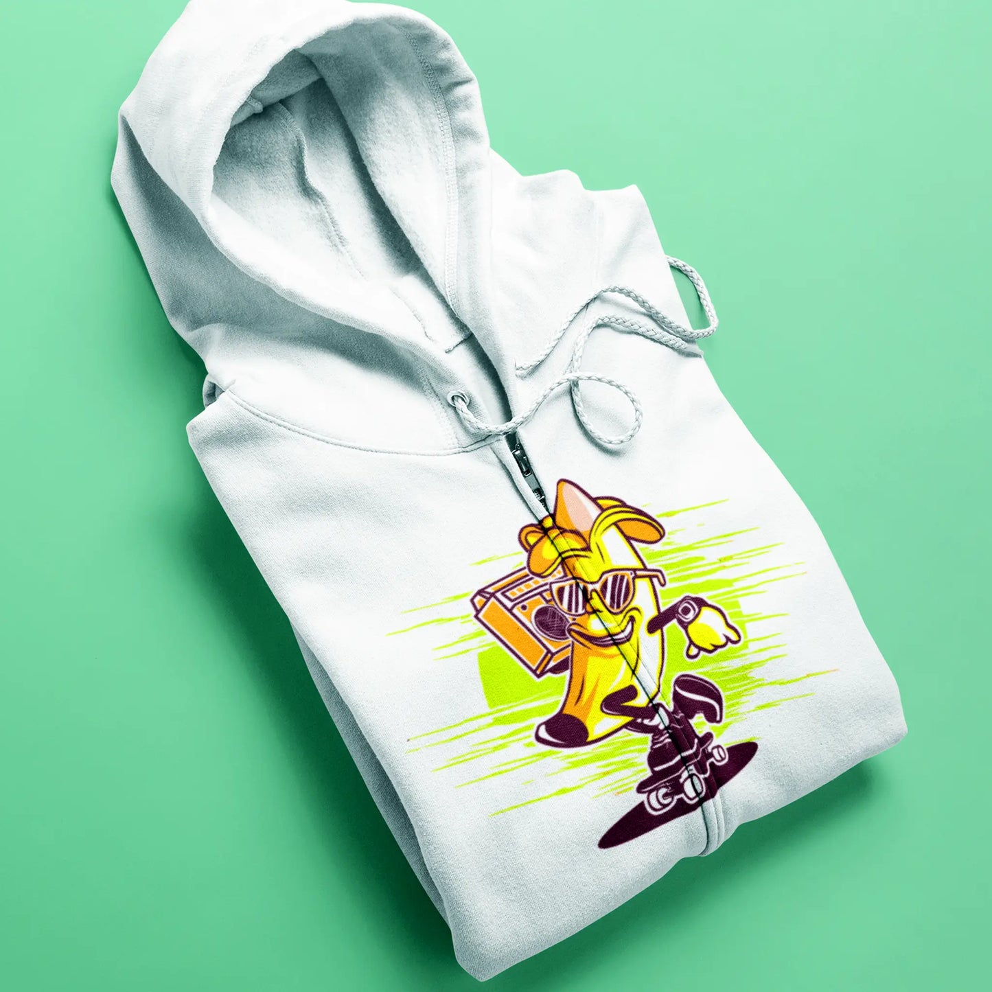 A cheerful banana racing on a scooter livens up the white zip hoodie with whimsical charm - Μια κεφάτη μπανάνα που τρέχει με πατίνι ζωντανεύει λευκή ζακέτα με κουκούλα με παιχνιδιάρικη γοητεία_result