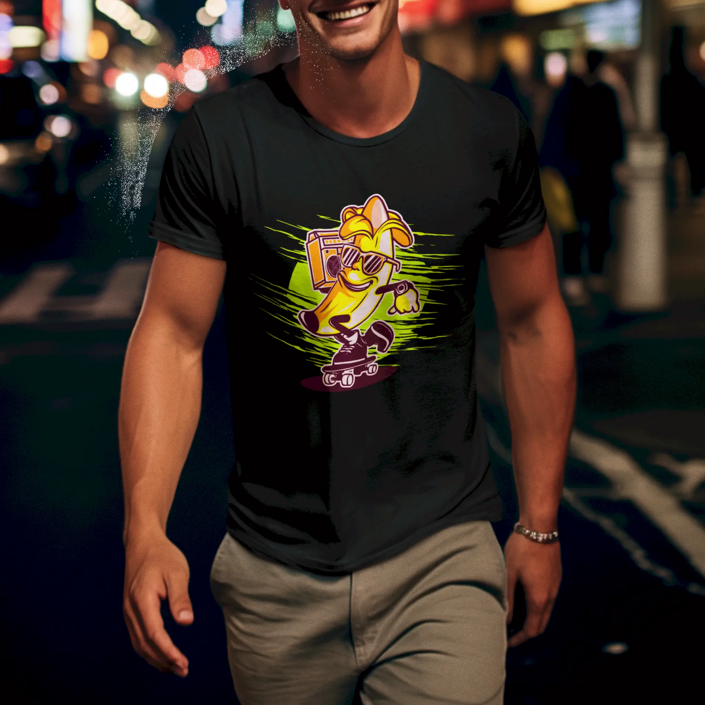 A cheerful banana riding a scateboard is printed on a black t-shirt, giving off a lighthearted and quirky vibe - Μια χαρούμενη μπανάνα πάνω σε πατίνι είναι τυπωμένη σε μαύρο μπλουζάκι, με εκκεντρικό στυλ_result