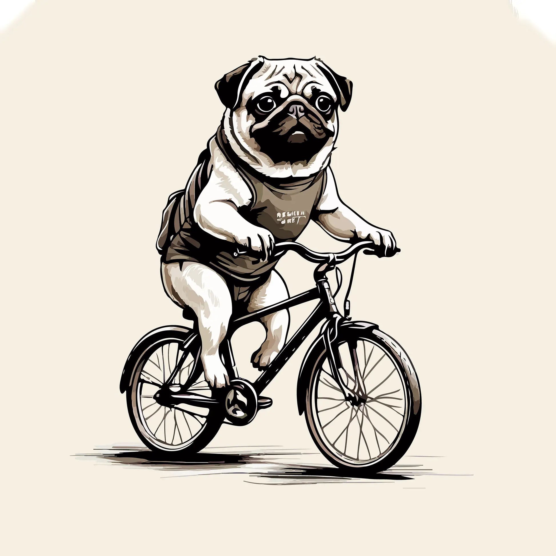 A comical pug dog riding a bicycle, drawn in cartoon style with bold outlines and retro colors | Ένα αστείο σκυλάκι pug κάνει ποδήλατο σε κόμικ στυλ με έντονες γραμμές και ρετρό αποχρώσεις.