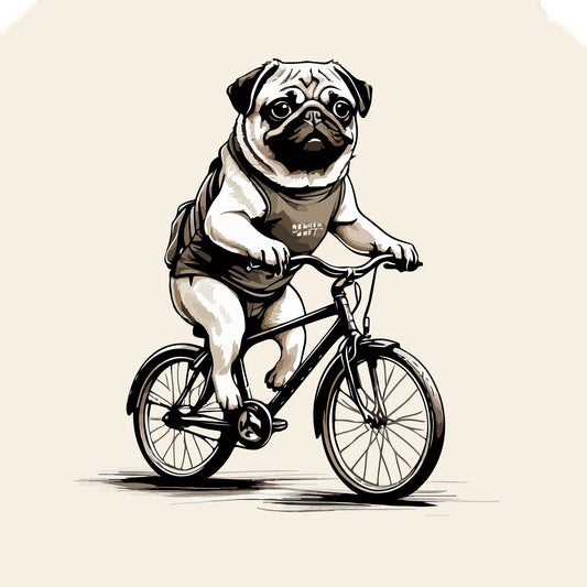 A comical pug dog riding a bicycle, drawn in cartoon style with bold outlines and retro colors | Ένα αστείο σκυλάκι pug κάνει ποδήλατο σε κόμικ στυλ με έντονες γραμμές και ρετρό αποχρώσεις.
