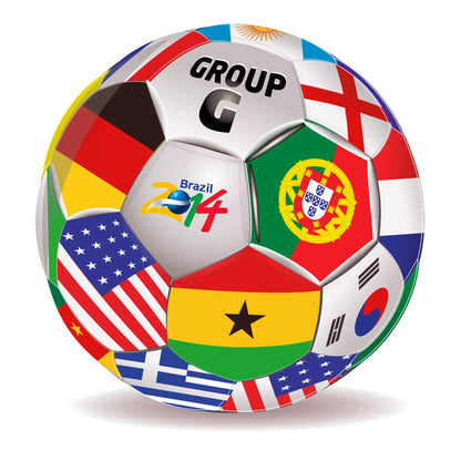 A football designed with the national flags of Group G teams from the Brazil 2014 World Cup, featuring Greece, USA, Germany, Portugal, Ghana, South Korea and more. | Μια ποδοσφαιρική μπάλα διακοσμημένη με τις σημαίες των εθνικών ομάδων του Ομίλου G από το Μουντιάλ Βραζιλίας 2014, με Ελλάδα, ΗΠΑ, Γερμανία, Πορτογαλία, Γκάνα, Νότια Κορέα και άλλες.