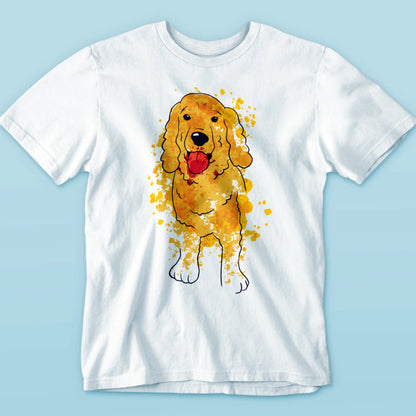 A minimal white tee with an expressive watercolor Cocker design, perfect for pet lovers — Μια μίνιμαλ λευκή μπλούζα με εκφραστικό σχέδιο Cocker σε υδατογραφία, ιδανική για φιλόζωους.