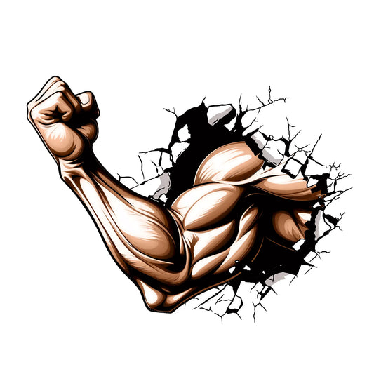 A muscular arm bursting through a cracked wall, symbolizing explosive strength and gym intensity – Ένα μυώδες μπράτσο που ξεπροβάλλει μέσα από ραγισμένο τοίχο, συμβολίζοντας εκρηκτική δύναμη και ένταση γυμναστηρίου.