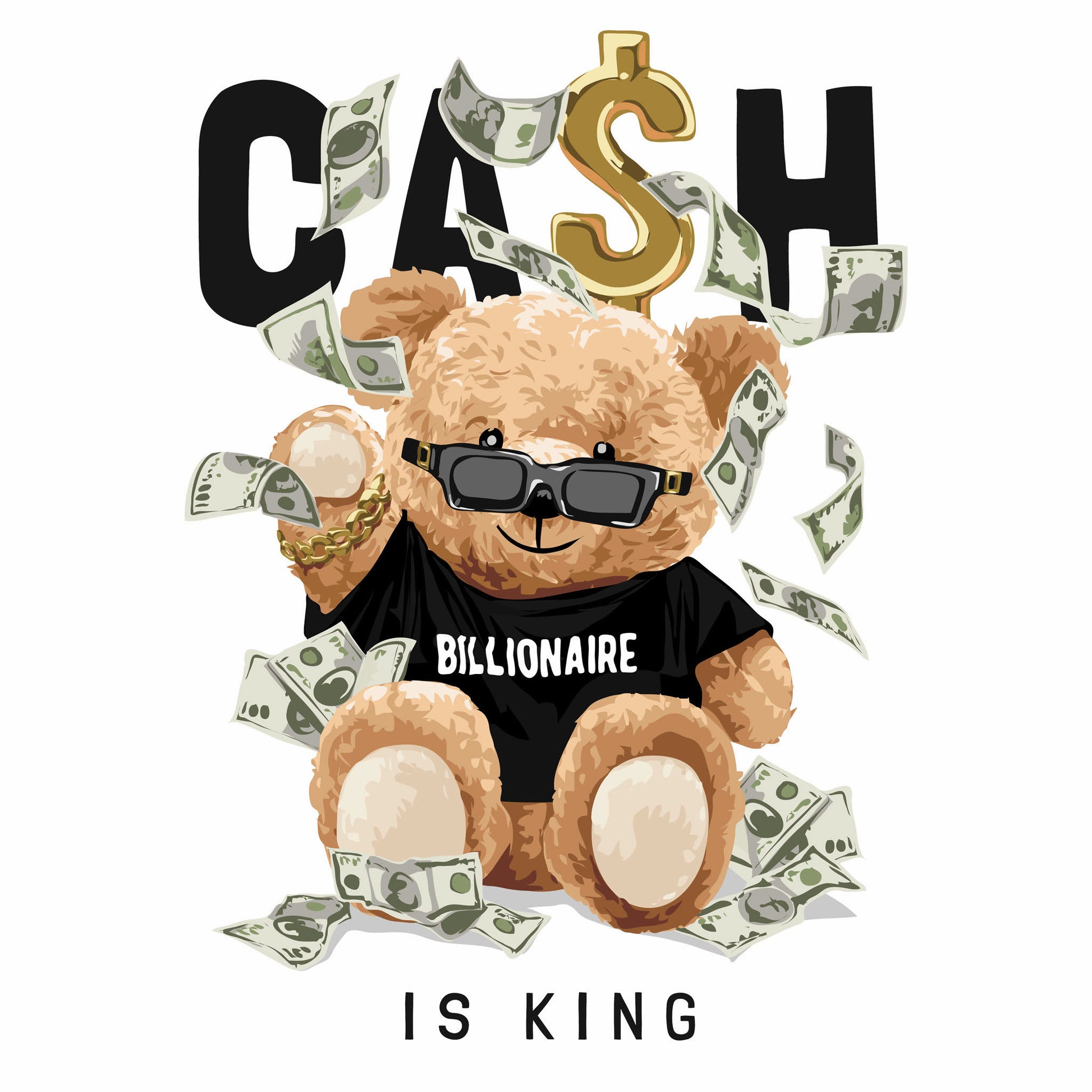A regal teddy bear wearing a crown and holding stacks of cash – Ένας βασιλικός αρκούδος με στέμμα και δεσμίδες χρημάτων, αποπνέοντας πλούτο και εξουσία σε κάθε του εμφάνιση