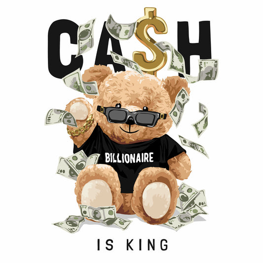 A regal teddy bear wearing a crown and holding stacks of cash – Ένας βασιλικός αρκούδος με στέμμα και δεσμίδες χρημάτων, αποπνέοντας πλούτο και εξουσία σε κάθε του εμφάνιση