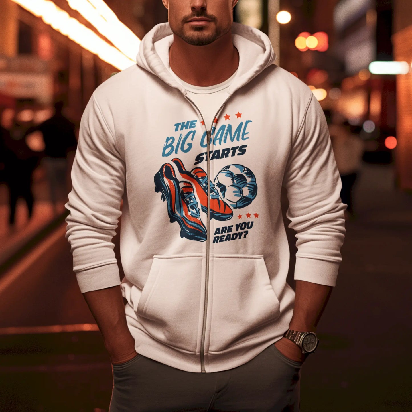 A sleek white zip hoodie with a motivating football quote in red and black – ideal for streetwear lovers. - Κομψό λευκό hoodie με εμπνευσμένο quote – τέλειο για λάτρεις του streetwear.