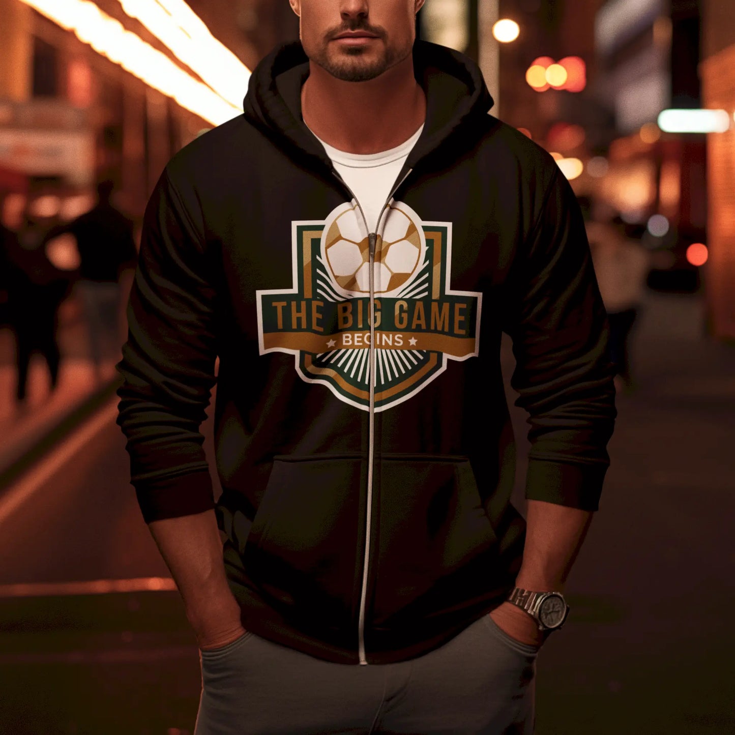 A statement black zip-up hoodie with a bold crest for die-hard fans. -
Μαύρο zip-up hoodie με ένα εκφραστικό έμβλημα για αφοσιωμένους φιλάθλους.