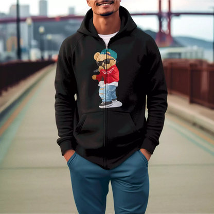 A timeless black zip-up hoodie with a teddy bear mid-rap, προσθέτοντας ρυθμό στην εμφάνισή σου.