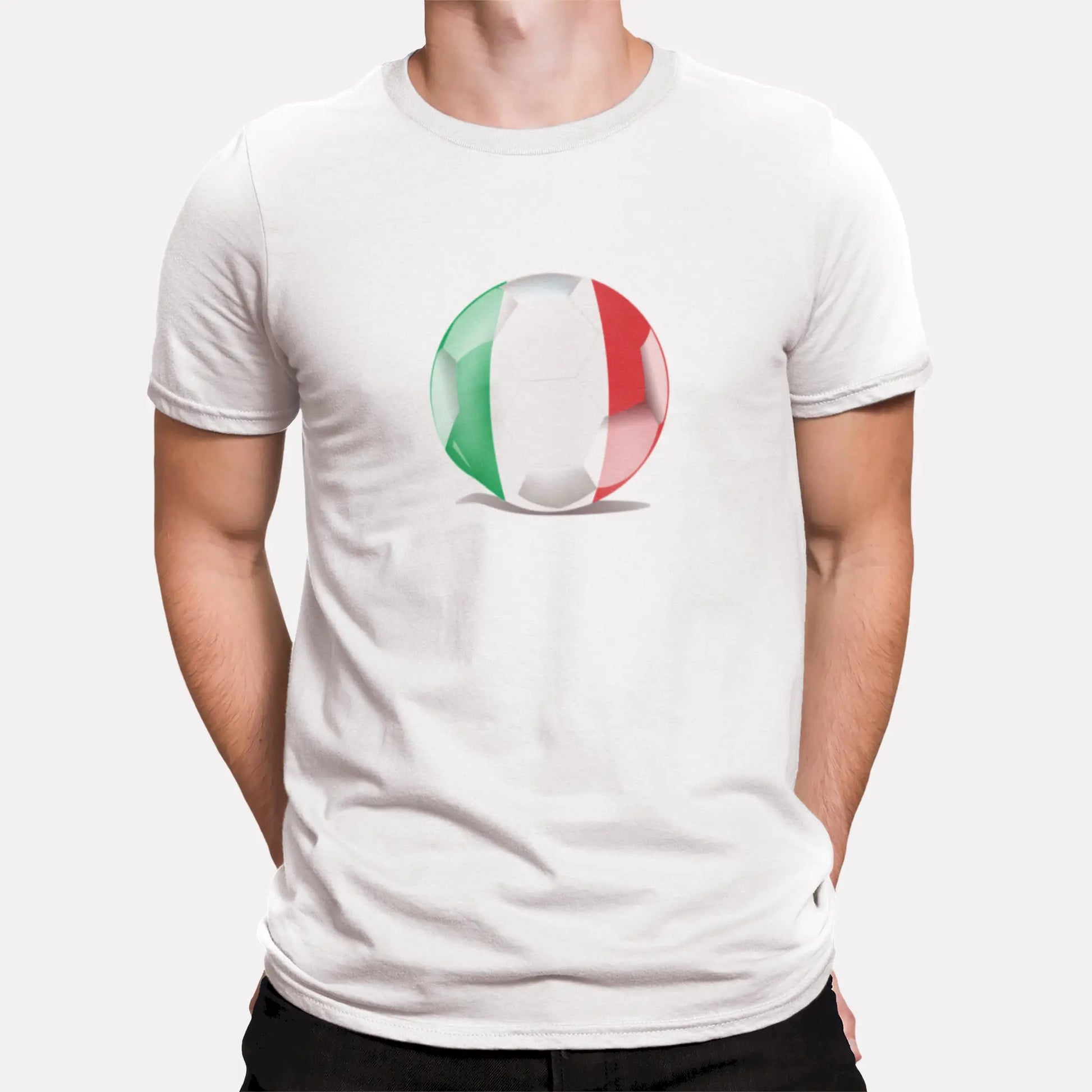 A vibrant Italy flag football design centered on a white t-shirt – perfect for soccer fans. | Ένα έντονο design με ποδοσφαιρική μπάλα και τη σημαία της Ιταλίας στο κέντρο λευκής μπλούζας – ιδανικό για φιλάθλους.