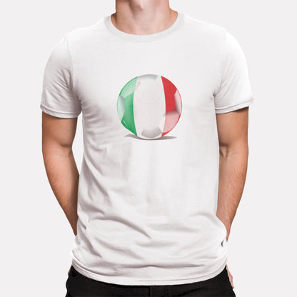 A vibrant Italy flag football design centered on a white t-shirt – perfect for soccer fans. | Ένα έντονο design με ποδοσφαιρική μπάλα και τη σημαία της Ιταλίας στο κέντρο λευκής μπλούζας – ιδανικό για φιλάθλους.