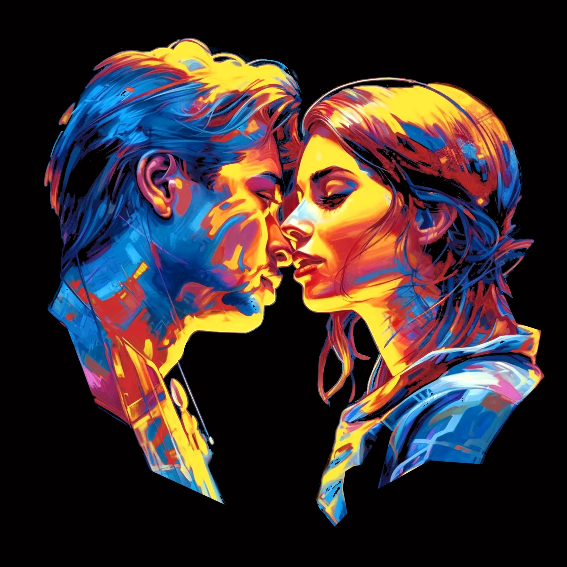 A vibrant artistic couple kiss illustration bursting with passion and romance – Πολύχρωμη καλλιτεχνική απεικόνιση ζευγαριού σε φιλί, γεμάτη πάθος και ρομαντισμό.