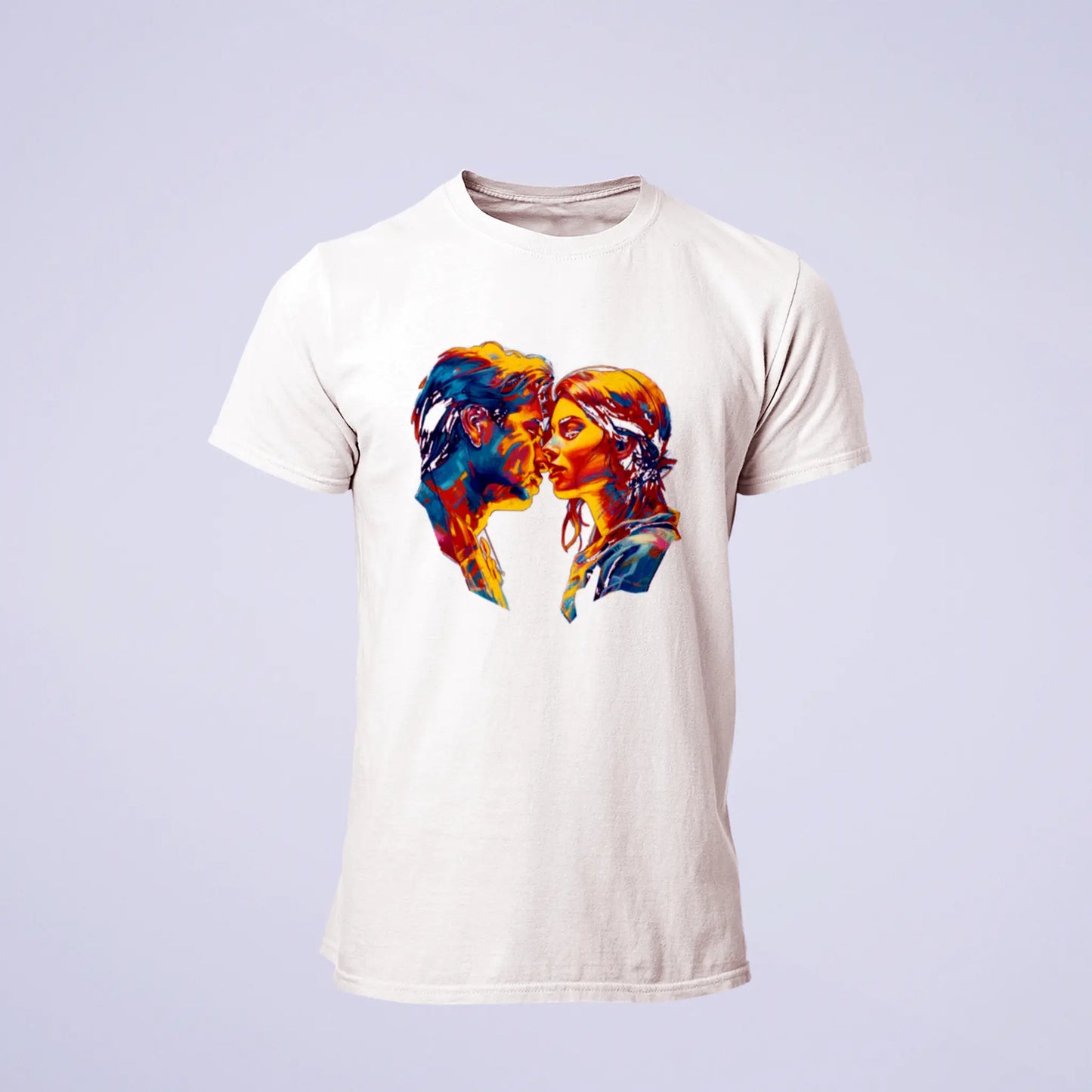 A white t-shirt glowing with artistic kiss design full of passion – Λευκό t-shirt που λάμπει με καλλιτεχνικό σχέδιο φιλιού γεμάτο πάθος
