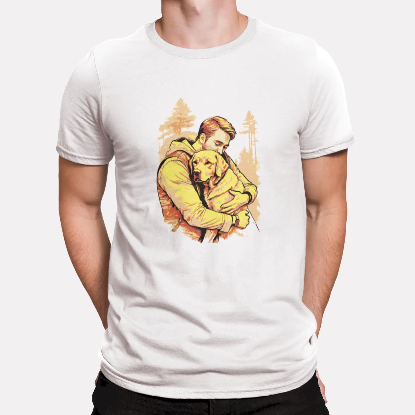 A white t-shirt with a warm-toned illustration of a man hugging his Labrador in the forest – Μπλούζα σε λευκό με ζεστόχρωμο σχέδιο αγκαλιάς άντρα με λαμπραντόρ στο δάσος.