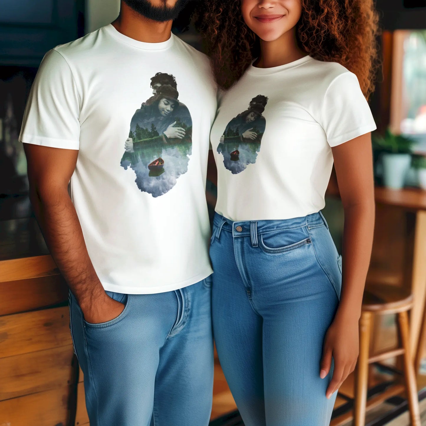 A white tee with cinematic love scene of couple, forest and water – Λευκό t-shirt με κινηματογραφική σκηνή ζευγαριού, δάσος και νερό
