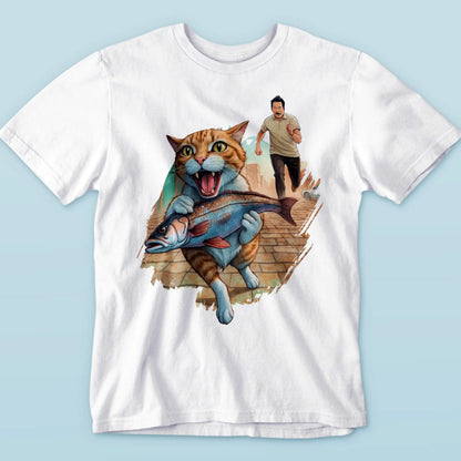 Adorable cat cartoon graphic featuring fishing adventure on bright casual wear - αξιαγάπητο κινούμενο σχέδιο γάτας με περιπέτεια ψαρέματος σε φωτεινό casual