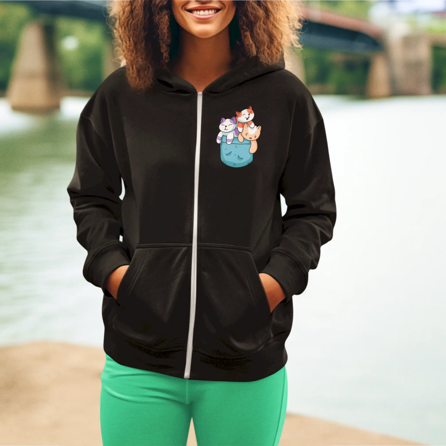 Adorable kitten trio black zip hoodie kawaii style comfortable casual wear cozy - Αξιαγάπητα γατάκια σε μαύρη ζακέτα με κουκούλα kawaii στυλ