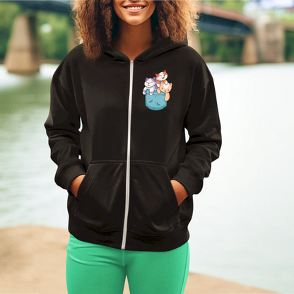 Adorable kitten trio black zip hoodie kawaii style comfortable casual wear cozy - Αξιαγάπητα γατάκια σε μαύρη ζακέτα με κουκούλα kawaii στυλ