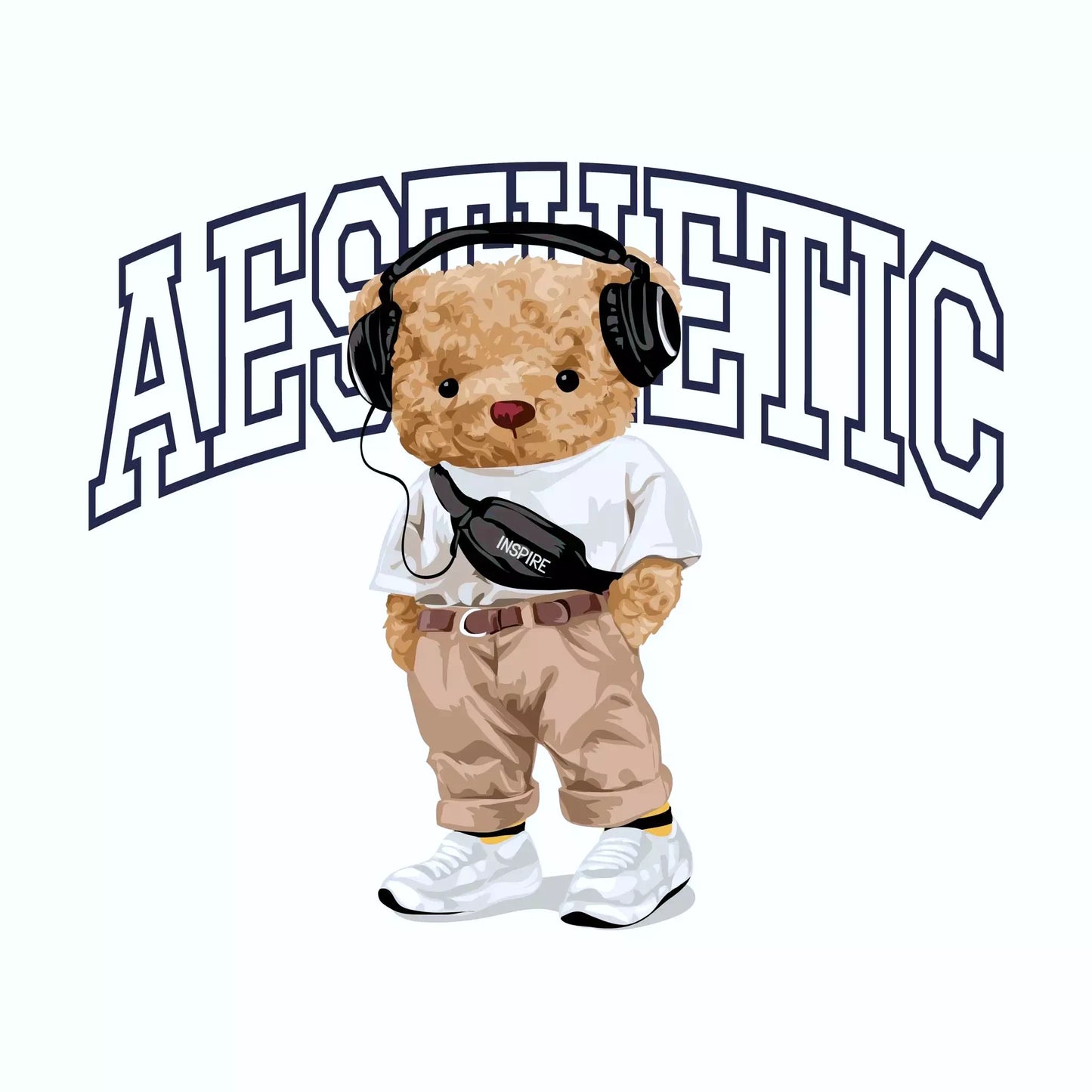 Aesthetic teddy bear with headphones and crossbody bag – Αισθητικό αρκουδάκι με ακουστικά και τσαντάκι ώμου σε χαλαρό urban στυλ.