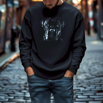 Aggressive dog face contrasts perfectly with deep black fabric — Επιθετικό πρόσωπο σκύλου σε βαθύ μαύρο φούτερ.