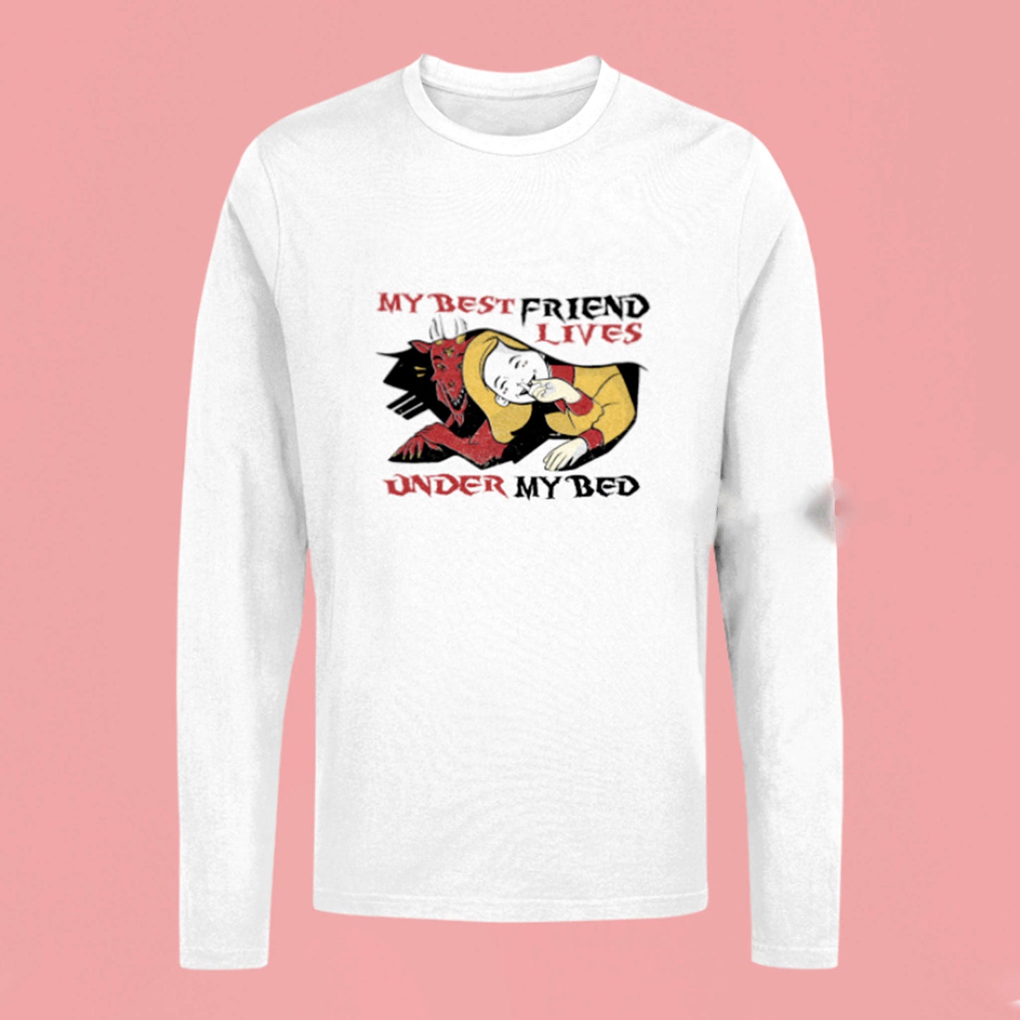 Amusing take on childhood fears transformed into sources of security and emotional support printed on long sleeve tee - Διασκεδαστική ματιά με φίλους που μετατρέπονται σε πηγή ασφάλειας και συναισθηματική υποστήριξη τυπωμένο σε μακρυμάνικη μπλούζα