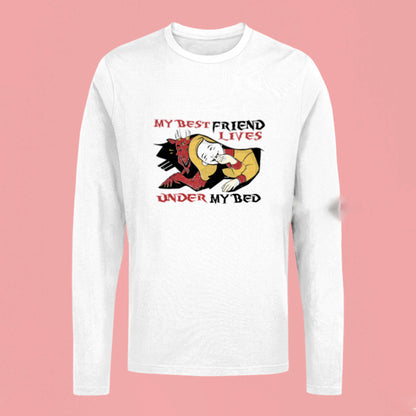 Amusing take on childhood fears transformed into sources of security and emotional support printed on long sleeve tee - Διασκεδαστική ματιά με φίλους που μετατρέπονται σε πηγή ασφάλειας και συναισθηματική υποστήριξη τυπωμένο σε μακρυμάνικη μπλούζα