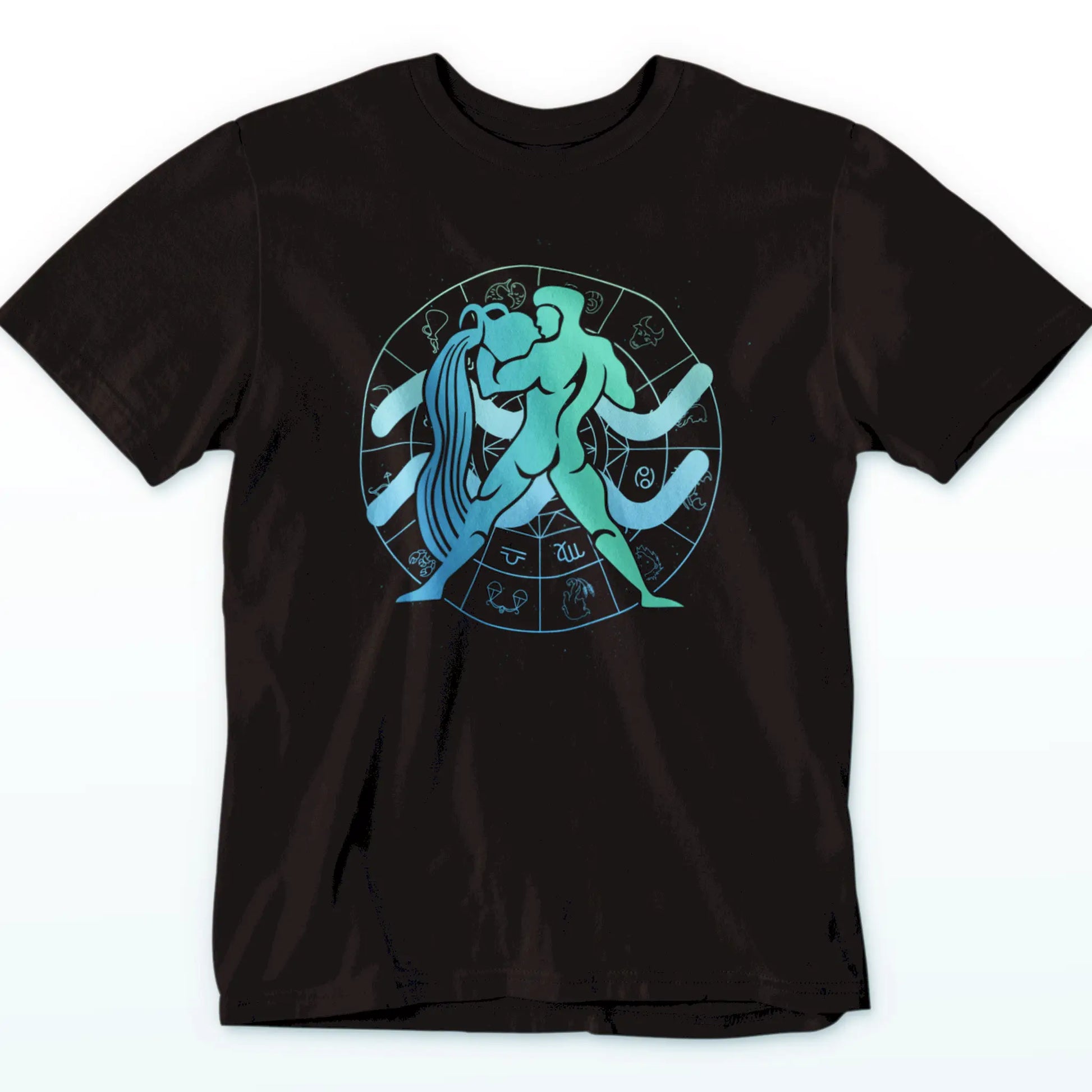 Aquarius zodiac black t-shirt with bold graphic art – Μαύρη μπλούζα Υδροχόος με δυναμικό αστρολογικό design για μοναδικό στυλ."
