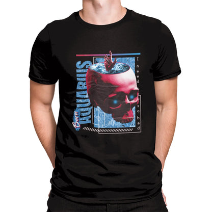 Aquarius zodiac black t-shirt with urban trap style typography and modern water bearer symbolism / Μαύρο Μπλουζάκι ζώδιο Υδροχόος με urban trap τυπογραφία και μοντέρνο συμβολισμό υδροφόρου