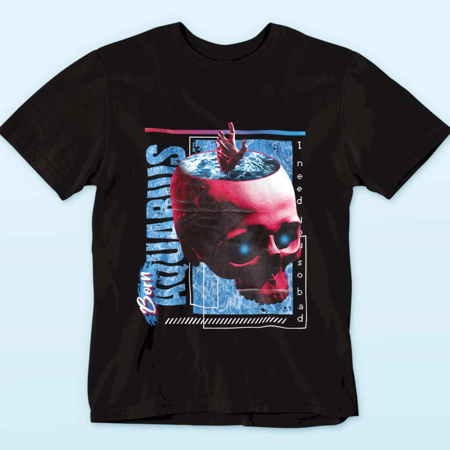 Aquarius zodiac black t-shirt with urban trap style typography and modern water bearer symbolism / Μαύρο Μπλουζάκι με ζώδιο Υδροχόος και urban trap τυπογραφία και μοντέρνο αστρολογικό συμβολισμό