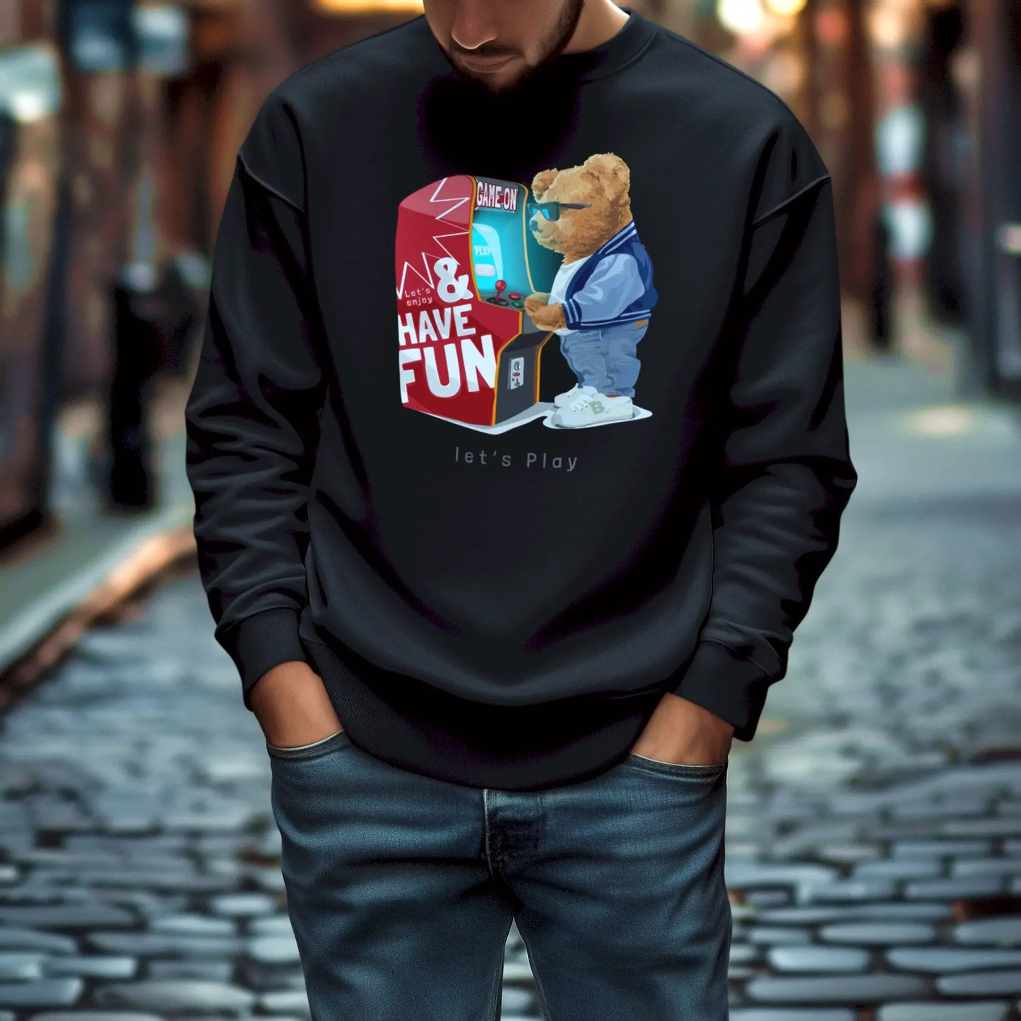Arcade Game On teddy print on black sweatshirt – Εκτύπωση “Game On” με αρκουδάκι σε μαύρη φούτερ μπλούζα.