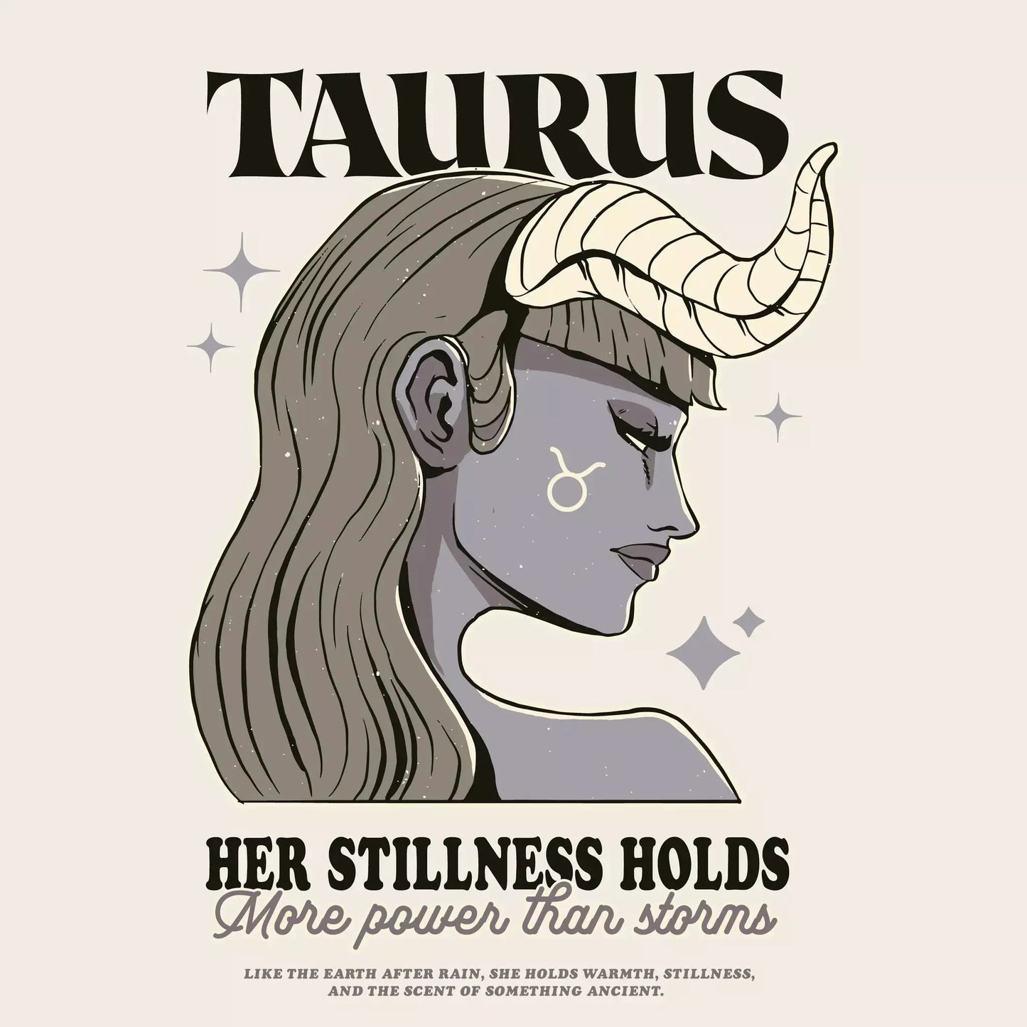 Artistic Taurus woman portrait with horns and zodiac symbol, featuring the quote “Her stillness holds more power than storms” – Καλλιτεχνικό πορτρέτο Ταυρίνας με κέρατα και το ζώδιο, που συνοδεύεται από το απόφθεγμα “Her stillness holds more power than storms