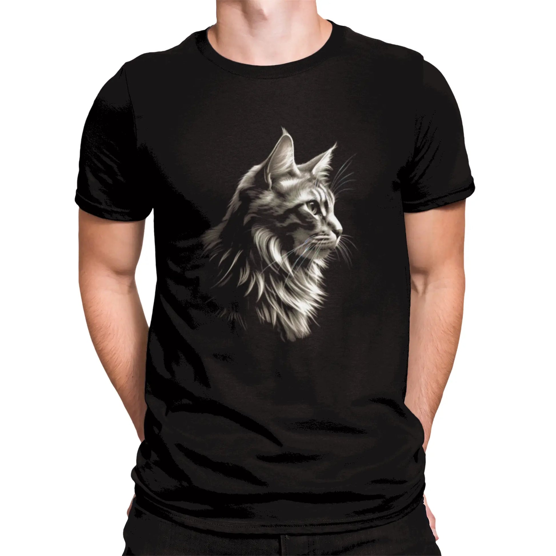 Artistic black t-shirt with majestic profile of a cat – Μαύρο t-shirt με σχέδιο γάτας σε προφίλ, σε μινιμαλιστική καλλιτεχνική γραμμή