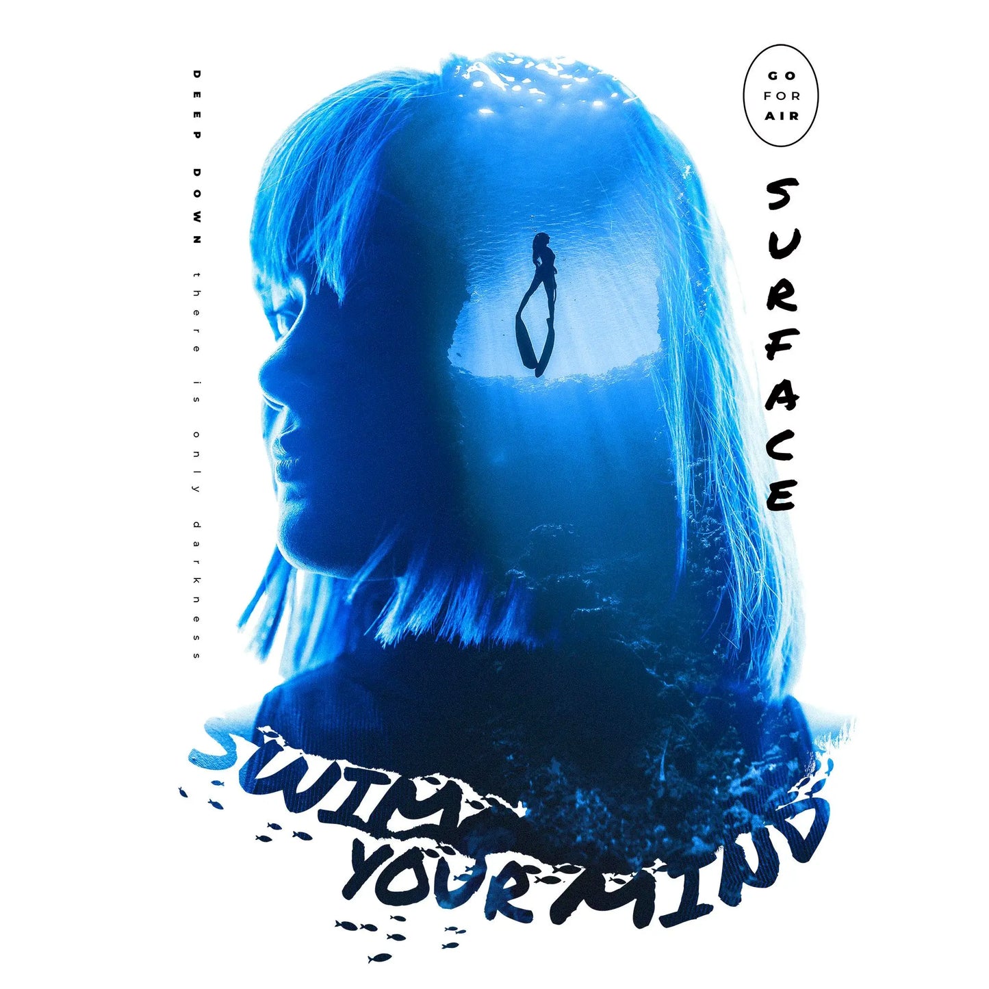 Artistic double exposure freediver and human silhouette with motivational ‘Surface – Swim Your Mind’ typography | Καλλιτεχνική διπλή έκθεση δύτριας και ανθρώπινης σιλουέτας με εμπνευσμένο τυπογραφικό ‘Surface – Swim Your Mind